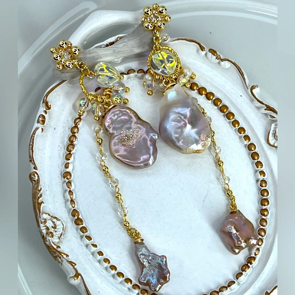 Handmade Freshwater Keshi Pearl Unicorn 🦄 Color Dangle Earrings S925 SS Posts - Picture 3 of 3